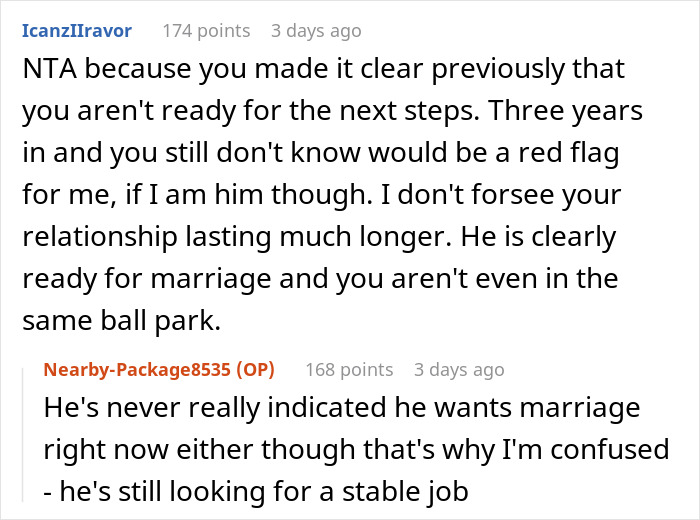 Reddit comments discussing relationship readiness and public proposals. Reddit comments discussing relationship readiness and public proposals.