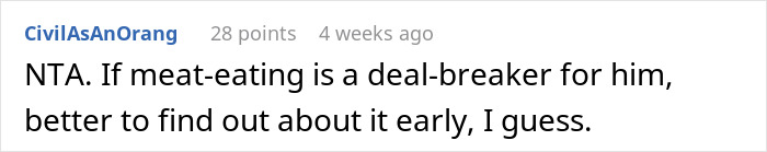 Reddit comment discussing the topic of a woman ordering a meat burger on a date with a vegan. Reddit comment discussing the topic of a woman ordering a meat burger on a date with a vegan.