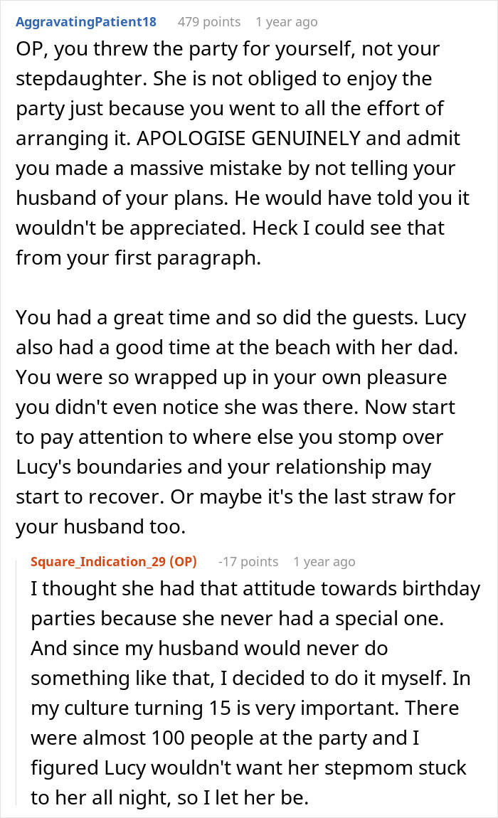 Text box with comments discussing upset woman and her stepdaughter running away from a $10K party. Text box with comments discussing upset woman and her stepdaughter running away from a $10K party.