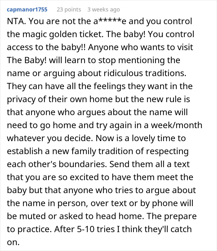 Text discussing the impact of breaking family tradition on naming a baby and setting boundaries with relatives. Text discussing the impact of breaking family tradition on naming a baby and setting boundaries with relatives.
