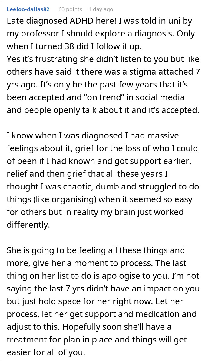Reddit comment discussing late ADHD diagnosis and the impact on marriage dynamics and mental health. Reddit comment discussing late ADHD diagnosis and the impact on marriage dynamics and mental health.