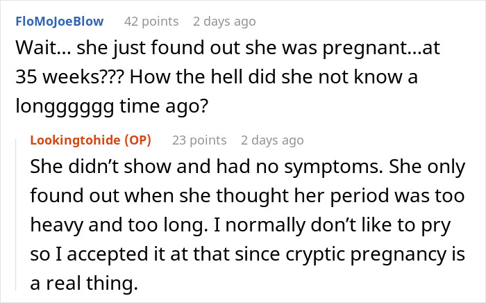 Screenshot of a Reddit thread discussing a cryptic pregnancy at 35 weeks. Screenshot of a Reddit thread discussing a cryptic pregnancy at 35 weeks.