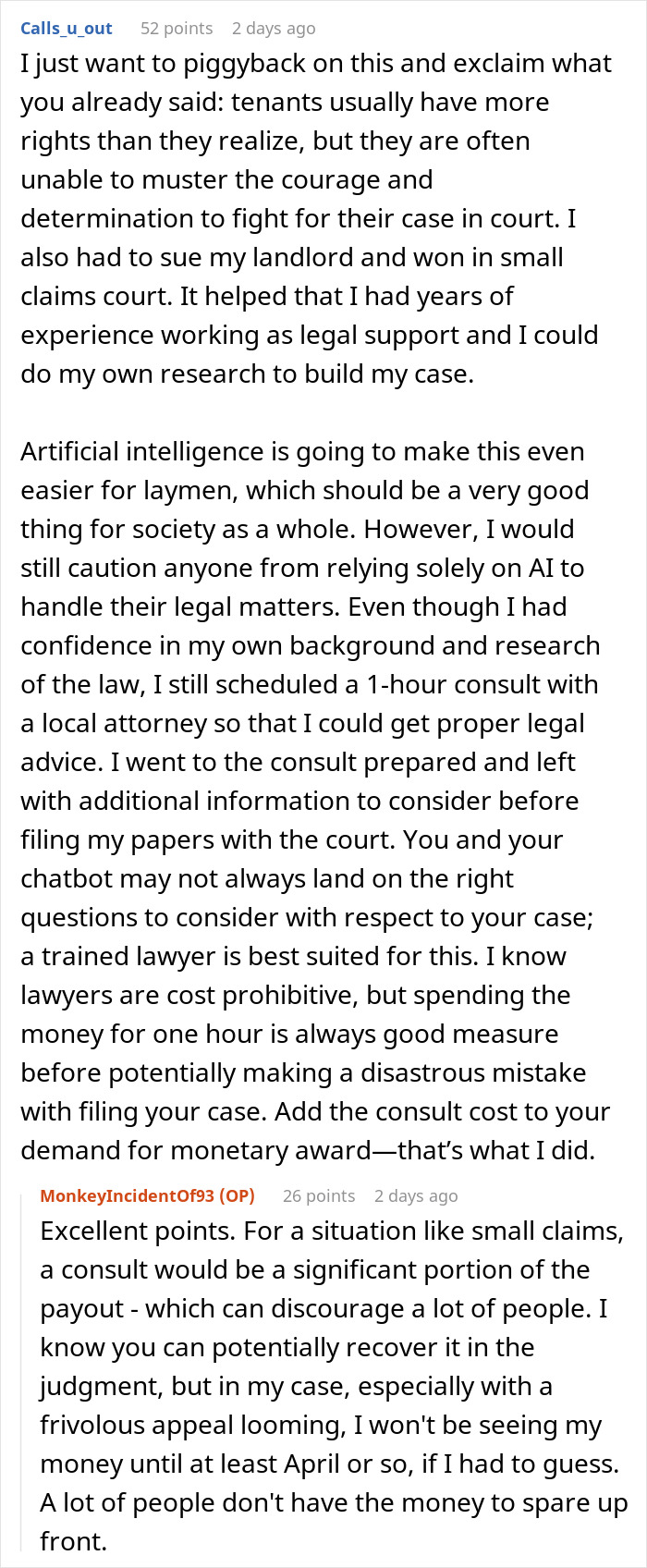 Reddit comments about using AI to assist tenants in court against landlords. Reddit comments about using AI to assist tenants in court against landlords.