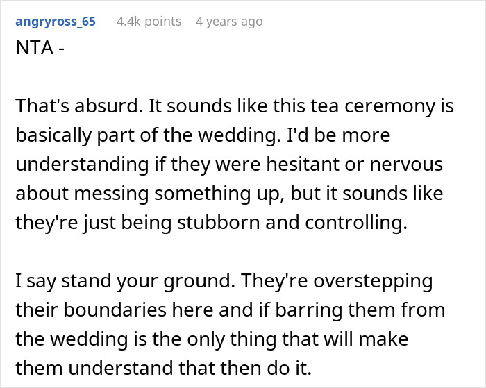 Reddit comment discussing a bride banning parents from wedding due to mocking fiancé's tradition. Reddit comment discussing a bride banning parents from wedding due to mocking fiancé's tradition.
