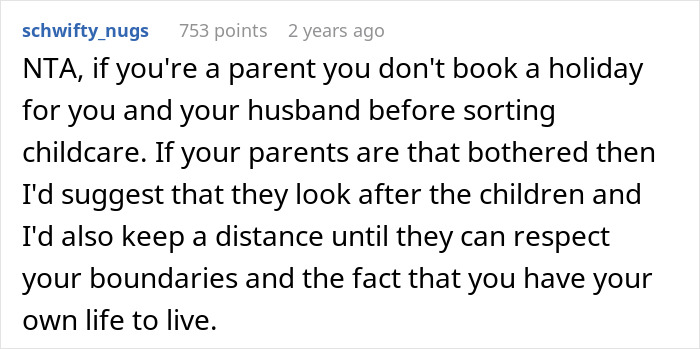 Reddit comment discussing refusal to babysit sister's kids, emphasizing boundaries and childcare planning. Reddit comment discussing refusal to babysit sister's kids, emphasizing boundaries and childcare planning.