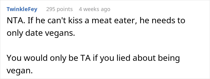 Comment discussing dating dynamics between a meat-eater and a vegan. Comment discussing dating dynamics between a meat-eater and a vegan.