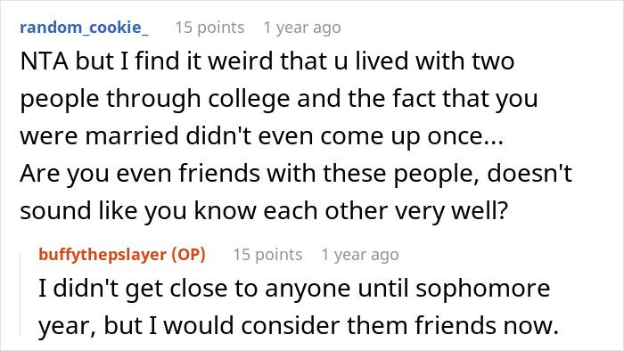 Text exchange about a college roommate's secret, questioning friendship depth and surprise about hidden marriage. Text exchange about a college roommate's secret, questioning friendship depth and surprise about hidden marriage.