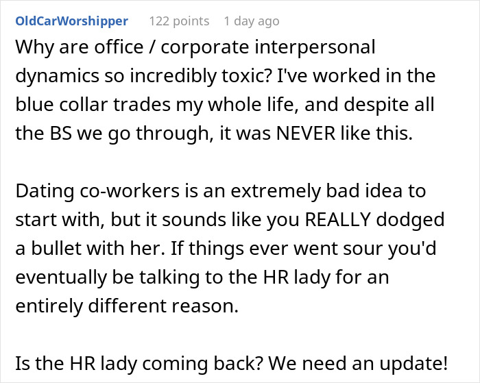 Text highlights toxic corporate dynamics and HR issues, discussing workplace relationships. Text highlights toxic corporate dynamics and HR issues, discussing workplace relationships.