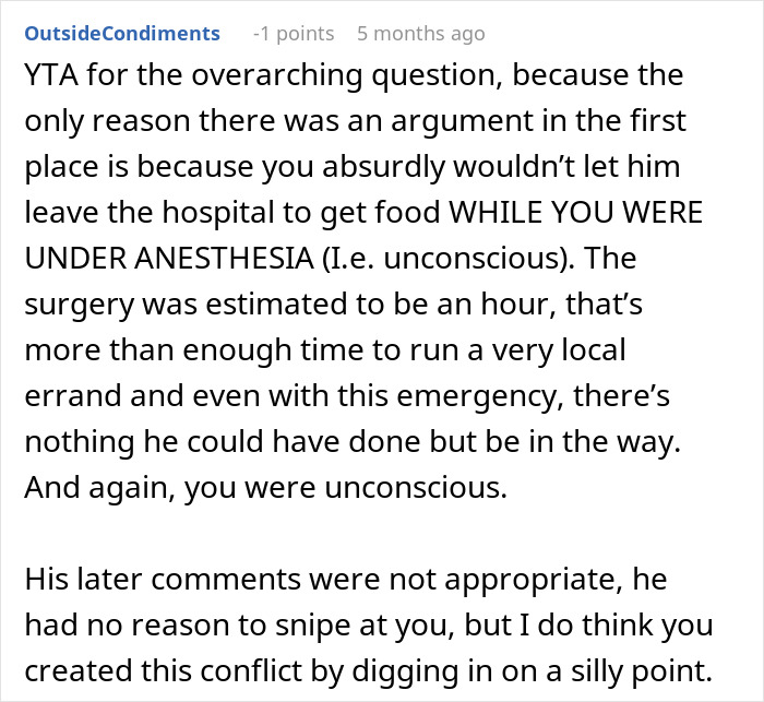 Reddit user discusses husband leaving wife during her surgery, emphasizing defensiveness. Reddit user discusses husband leaving wife during her surgery, emphasizing defensiveness.