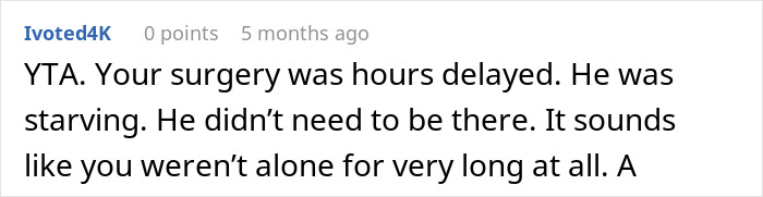 Online comment discussing husband leaving wife during surgery delay. Online comment discussing husband leaving wife during surgery delay.