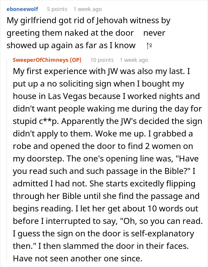 Reddit thread discussing persistent Mormons, including humorous personal stories about encounters with Jehovah's Witnesses. Reddit thread discussing persistent Mormons, including humorous personal stories about encounters with Jehovah's Witnesses.