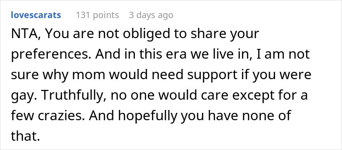 Reddit comment about family drama, discussing assumptions about a son's sexual orientation. Reddit comment about family drama, discussing assumptions about a son's sexual orientation.