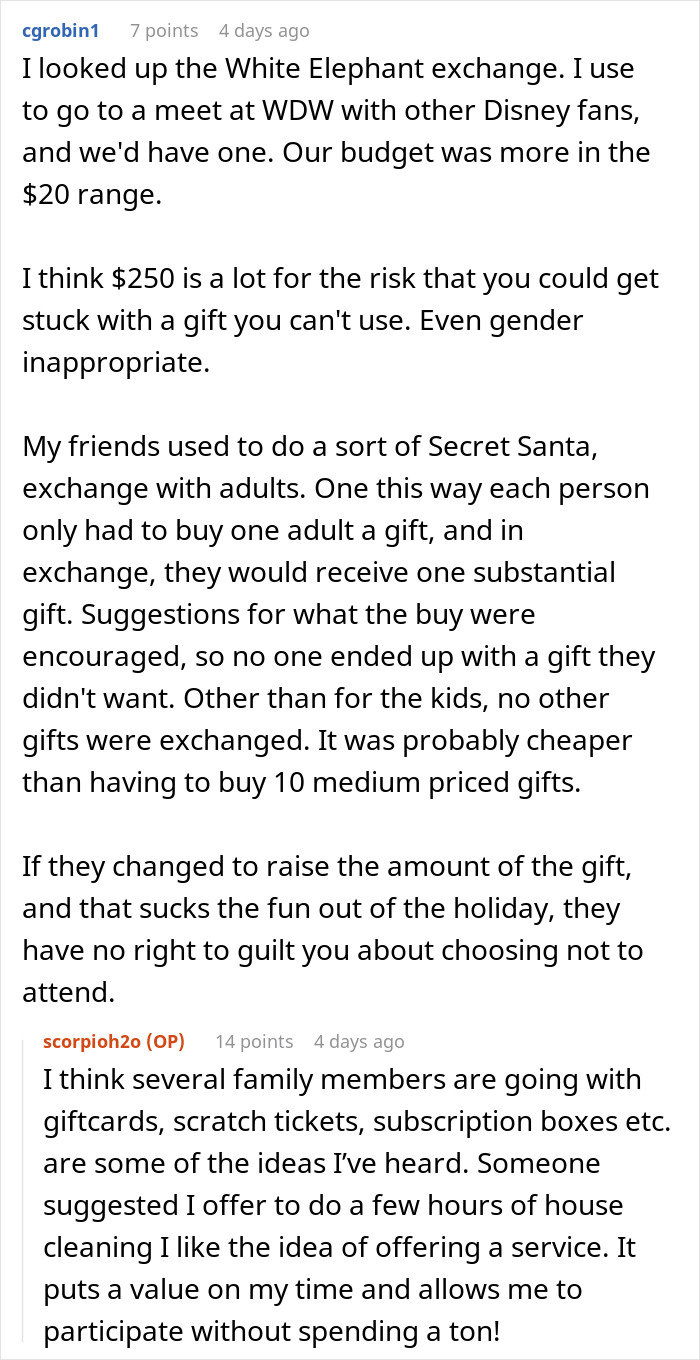 Text discussing White Elephant gift exchange and high price concerns. Text discussing White Elephant gift exchange and high price concerns.