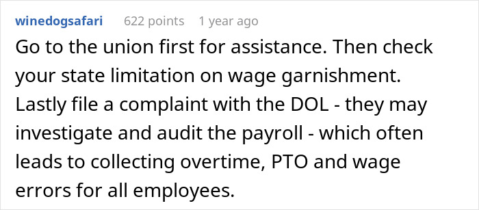 Comment advising on employer demands and handling wage garnishment, including union help and DOL complaint. Comment advising on employer demands and handling wage garnishment, including union help and DOL complaint.