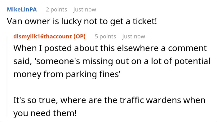 Reddit comments discussing illegal parking, the luck of avoiding fines, and the absence of traffic wardens. Reddit comments discussing illegal parking, the luck of avoiding fines, and the absence of traffic wardens.
