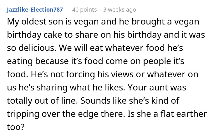 Text screenshot discussing a vegan birthday cake shared by a guest. Text screenshot discussing a vegan birthday cake shared by a guest.