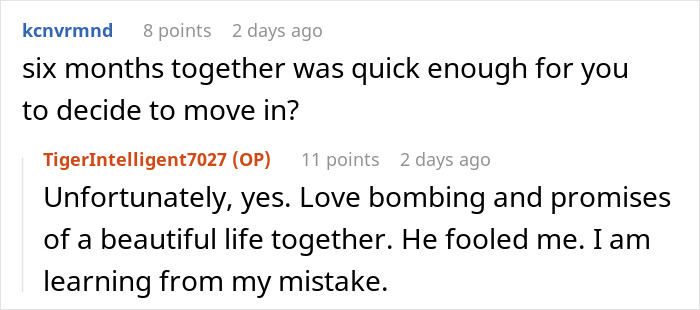Reddit user discusses discovering boyfriend's dark personality after moving in too quickly, mentioning love bombing. Reddit user discusses discovering boyfriend's dark personality after moving in too quickly, mentioning love bombing.