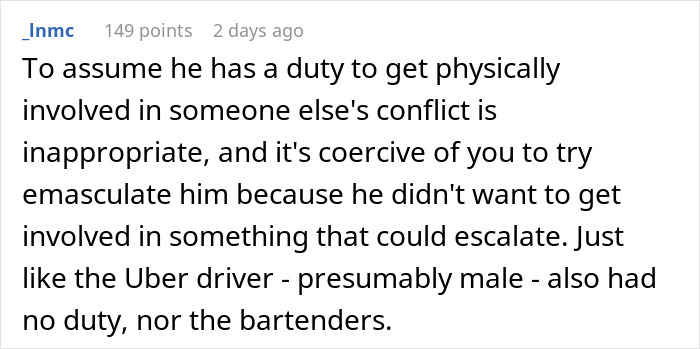 Image of a Reddit comment discussing a woman's changed opinion about her boyfriend not helping in a conflict. Image of a Reddit comment discussing a woman's changed opinion about her boyfriend not helping in a conflict.