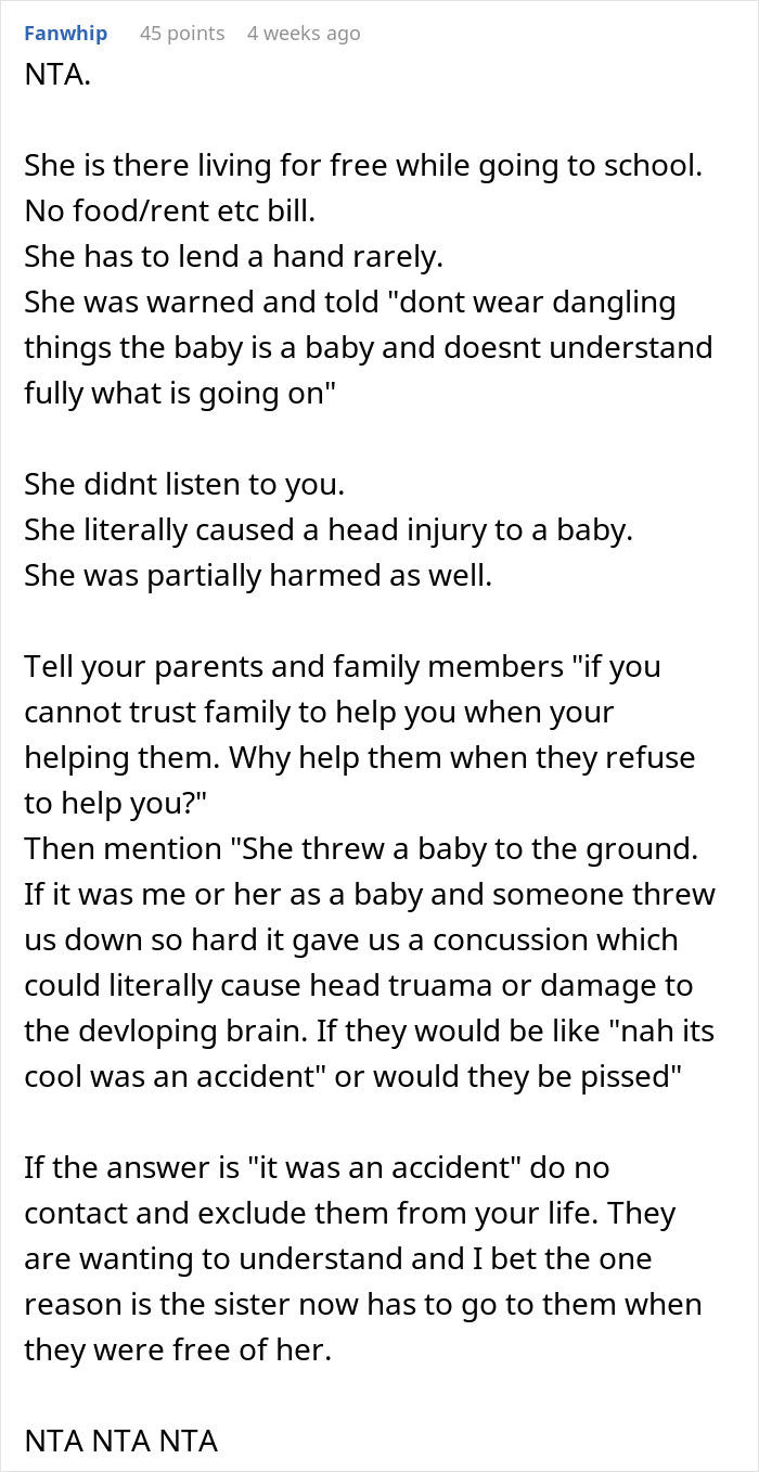Text about refusing to pay for a sister's college due to a toddler's concussion caused by her negligence. Text about refusing to pay for a sister's college due to a toddler's concussion caused by her negligence.