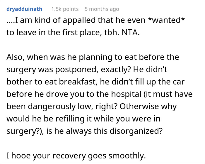 Reddit comment criticizing husband for leaving wife during surgery, questioning his disorganization. Reddit comment criticizing husband for leaving wife during surgery, questioning his disorganization.