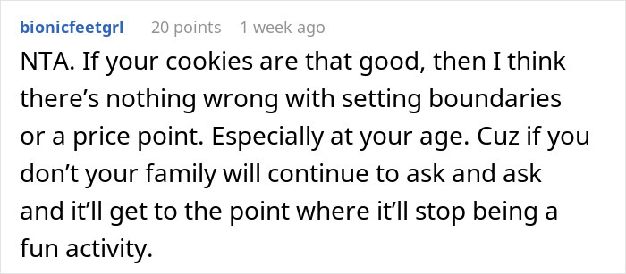 A supportive comment about a daughter charging parents for her Christmas cookies. A supportive comment about a daughter charging parents for her Christmas cookies.