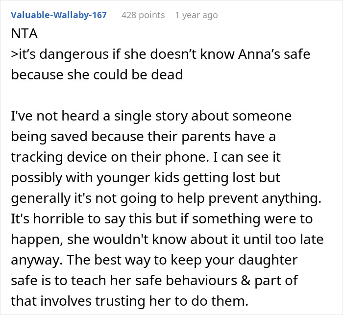 Text discussing the effectiveness of using a phone tracking device for daughters' safety. Text discussing the effectiveness of using a phone tracking device for daughters' safety.