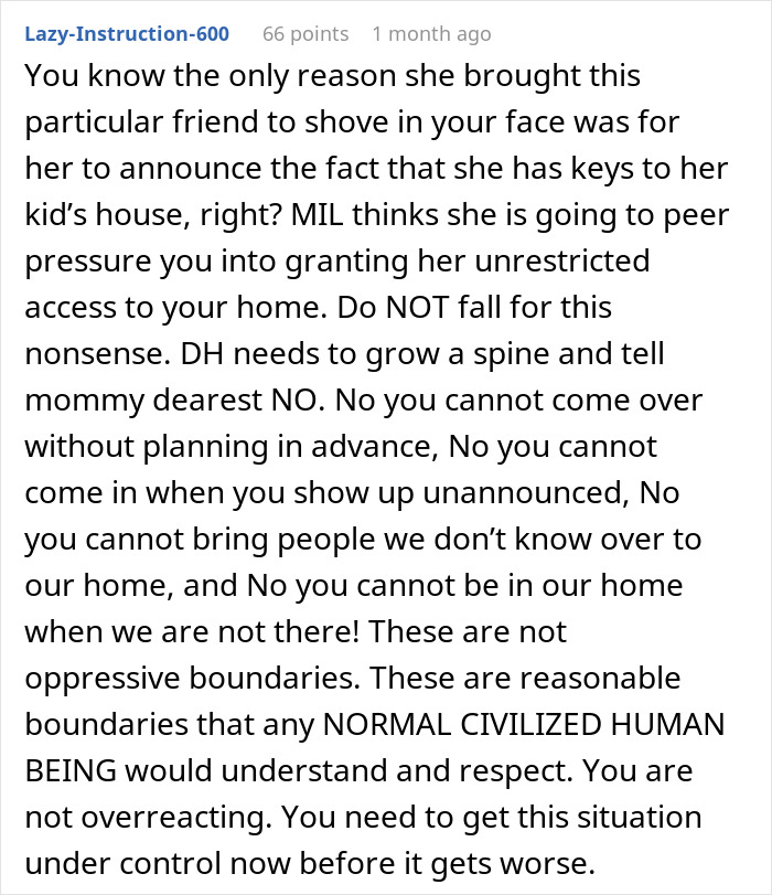 Text warning against allowing MIL to arrive unannounced and bring strangers to the house. Text warning against allowing MIL to arrive unannounced and bring strangers to the house.