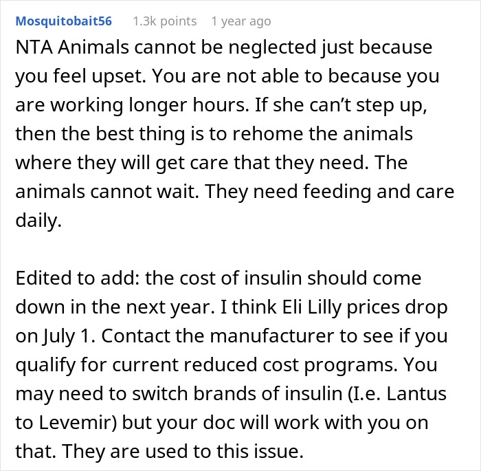 Comment debating chores despite daughter's disease, discussing insulin cost and pet care responsibilities. Comment debating chores despite daughter's disease, discussing insulin cost and pet care responsibilities.