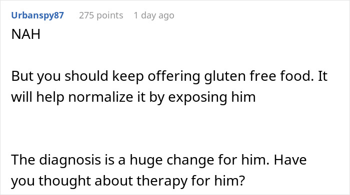 Reddit comment advising to offer gluten-free food for a son's wheat allergy. Reddit comment advising to offer gluten-free food for a son's wheat allergy.