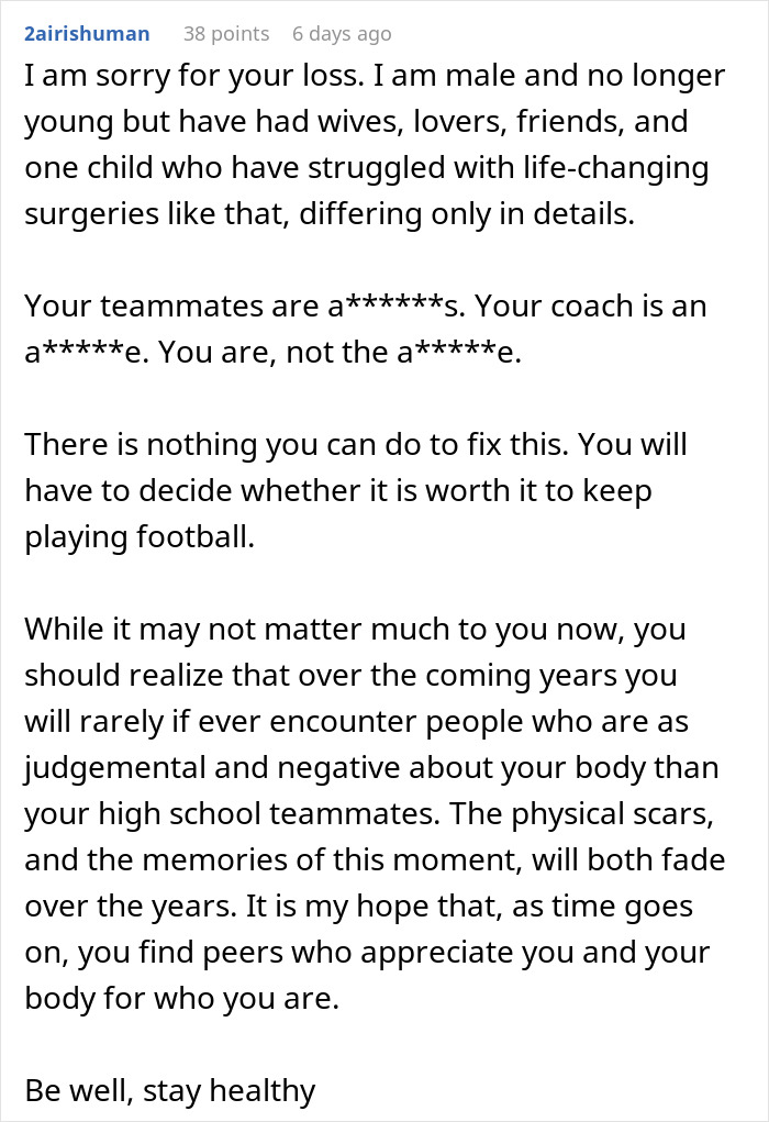 Reddit comment about a coach making a teen uncomfortable, discussing body judgment and future acceptance. Reddit comment about a coach making a teen uncomfortable, discussing body judgment and future acceptance.
