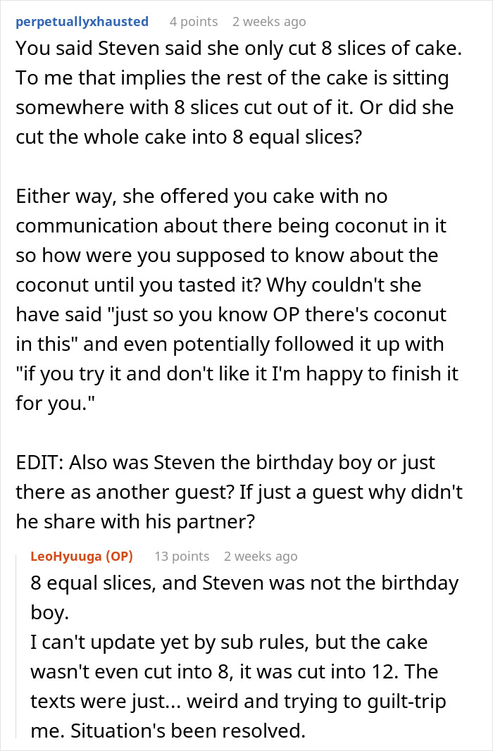 Text conversation about cake slices at a friend's birthday party. Text conversation about cake slices at a friend's birthday party.