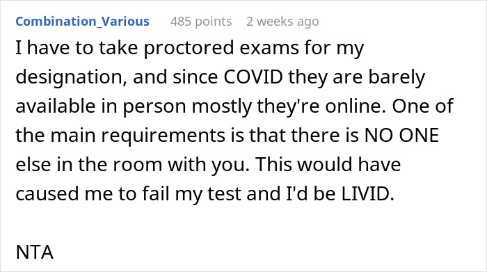 Text post detailing a woman's frustration with interruptions during a critical online job test. Text post detailing a woman's frustration with interruptions during a critical online job test.