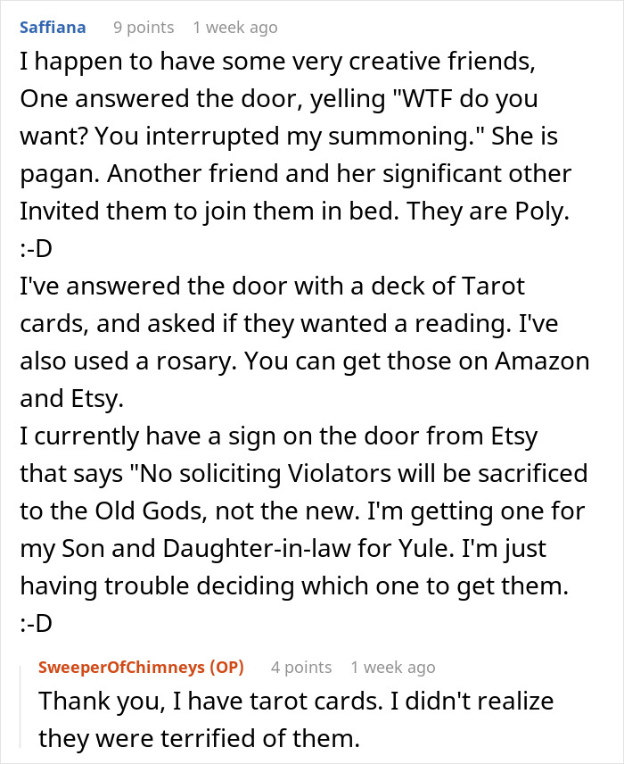 Reddit discussion about creative responses to persistent Mormons, mentioning tarot cards and humorous signs. Reddit discussion about creative responses to persistent Mormons, mentioning tarot cards and humorous signs.