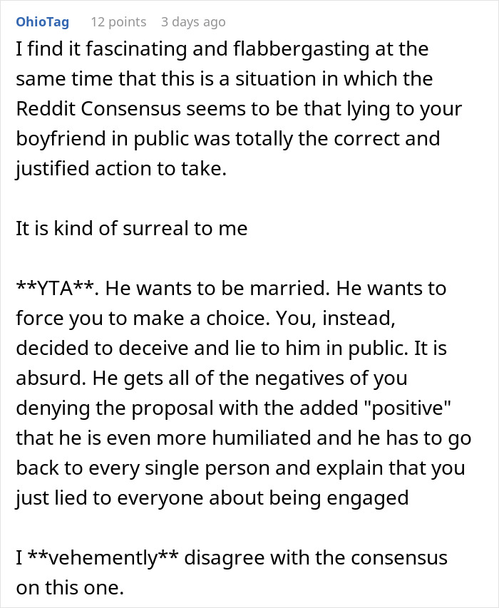 Reddit user comments on public proposal rejection and private acceptance, discussing relationship dynamics and honesty. Reddit user comments on public proposal rejection and private acceptance, discussing relationship dynamics and honesty.