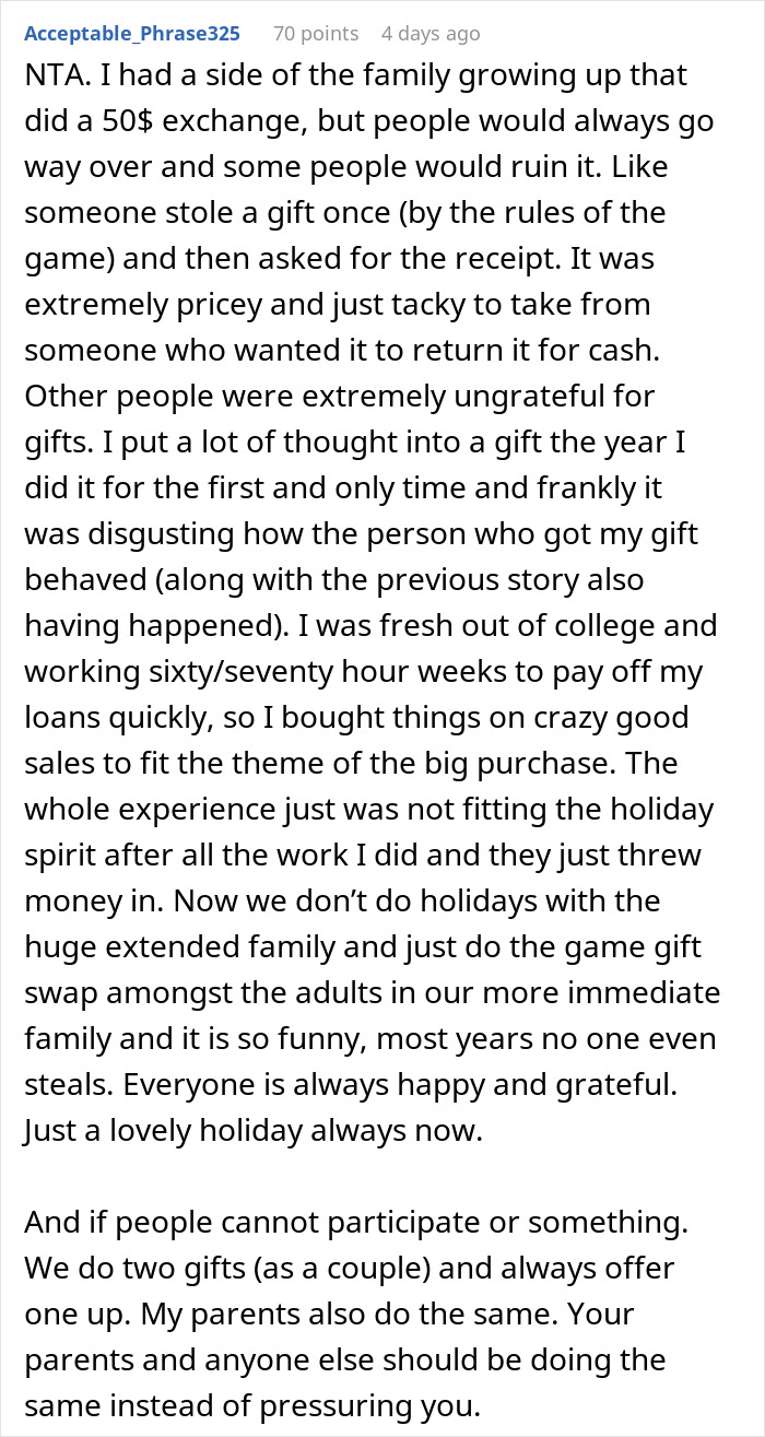 Text screenshot discussing issues with family gift exchanges and high gift costs. Text screenshot discussing issues with family gift exchanges and high gift costs.