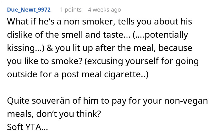 Text debate on tactless behavior, focusing on a woman ordering a meat burger on a date with a vegan. Text debate on tactless behavior, focusing on a woman ordering a meat burger on a date with a vegan.