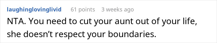 Comment about aunt, nephews, and grandparents drama, advising to cut ties for disrespecting boundaries. Comment about aunt, nephews, and grandparents drama, advising to cut ties for disrespecting boundaries.