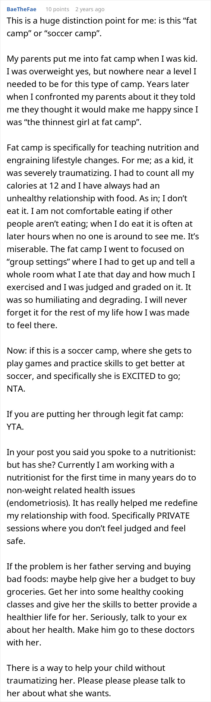 Text discusses experiences at fat camp, parenting, and nutrition for children. Text discusses experiences at fat camp, parenting, and nutrition for children.