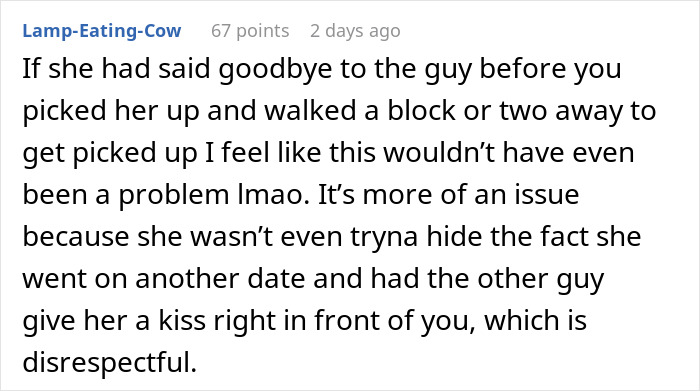 Text screenshot of a comment discussing a girl's actions before a date. Text screenshot of a comment discussing a girl's actions before a date.