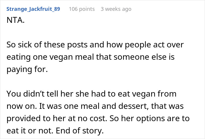 Text screenshot of a Reddit comment discussing a vegan wedding meal, referencing "Cake, Not Propaganda. Text screenshot of a Reddit comment discussing a vegan wedding meal, referencing "Cake, Not Propaganda.