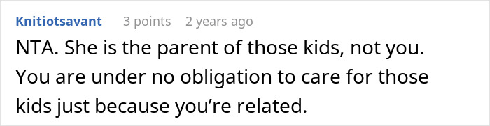 Reddit comment about refusing babysitting sister's kids, emphasizing no obligation due to family ties. Reddit comment about refusing babysitting sister's kids, emphasizing no obligation due to family ties.