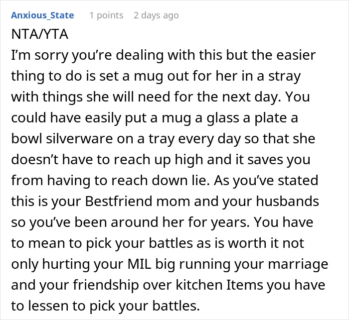 Screenshot of a comment discussing methods to manage a MIL's behavior, focusing on household item placement. Screenshot of a comment discussing methods to manage a MIL's behavior, focusing on household item placement.
