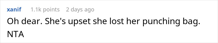 Text comment expressing mom-relationship-drama sentiment, saying someone's upset over losing a "punching bag," with NTA noted. Text comment expressing mom-relationship-drama sentiment, saying someone's upset over losing a "punching bag," with NTA noted.
