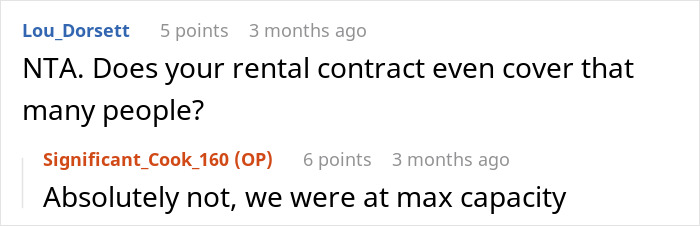 Reddit comment thread discussing in-laws and rental contract during vacation drama. Reddit comment thread discussing in-laws and rental contract during vacation drama.
