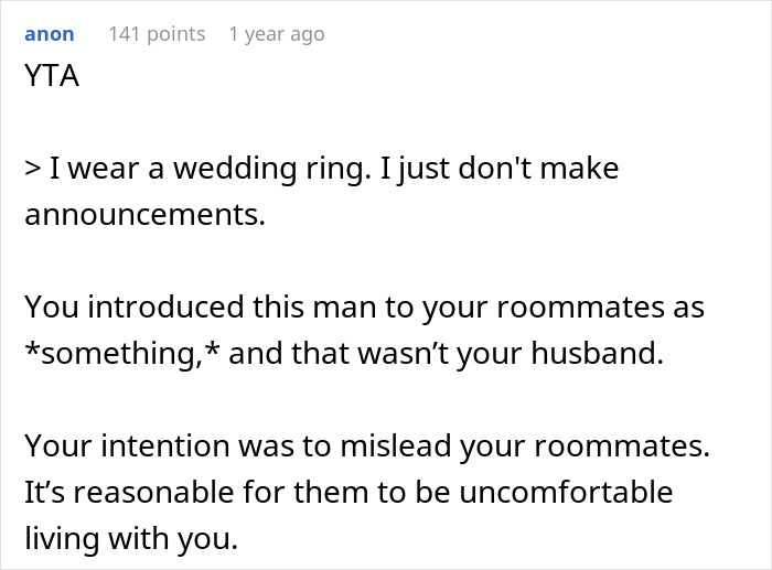 Comment about roommates feeling deceived by a woman's secret, expressing discomfort and suggesting she move out. Comment about roommates feeling deceived by a woman's secret, expressing discomfort and suggesting she move out.