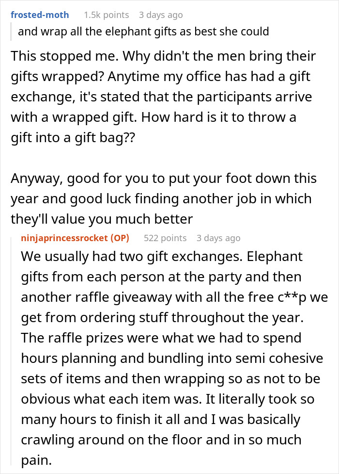 Reddit comments discussing an office Christmas party, focusing on issues with gift wrapping roles. Reddit comments discussing an office Christmas party, focusing on issues with gift wrapping roles.