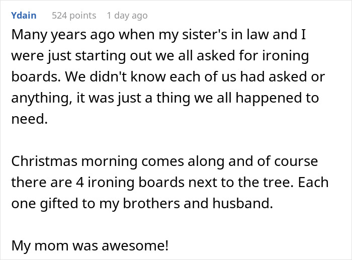 Text describing unexpected Christmas gift of ironing boards, showcasing a Christmas-gift-early story. Text describing unexpected Christmas gift of ironing boards, showcasing a Christmas-gift-early story.