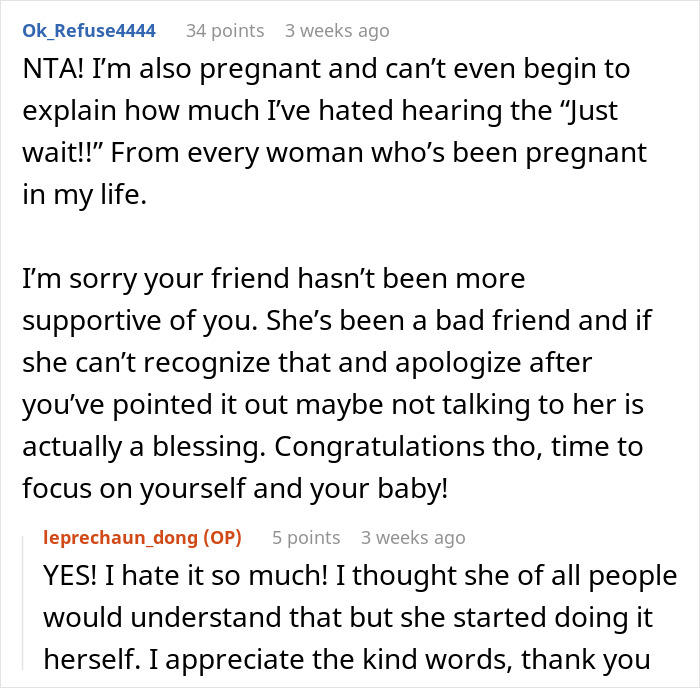 Reddit thread discussing a pregnant friend who complains, highlighting lack of support and understanding. Reddit thread discussing a pregnant friend who complains, highlighting lack of support and understanding.