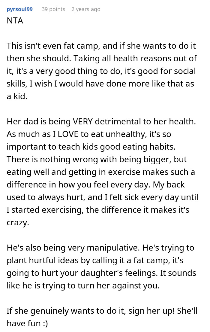 Text discussing the health impact of junk food and the decision about sending a child to a camp for better habits. Text discussing the health impact of junk food and the decision about sending a child to a camp for better habits.