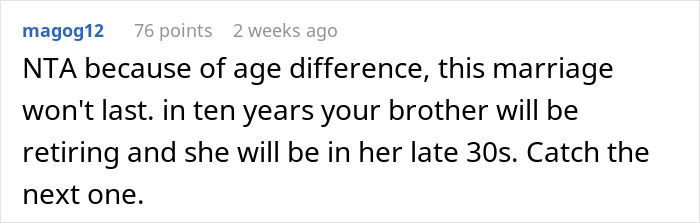 Reddit comment discussing age difference and marriage longevity concerns. Reddit comment discussing age difference and marriage longevity concerns.